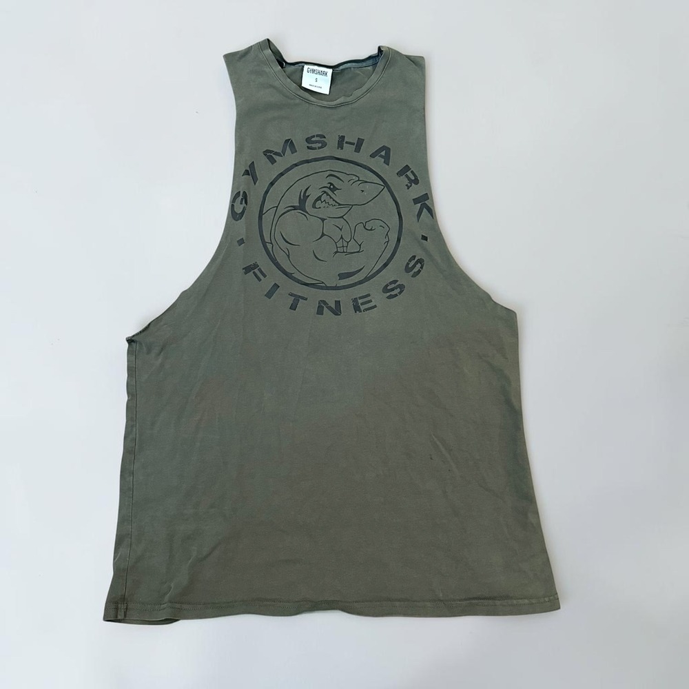 Gymshark Fitness Muscle Tank Olive Green Graphic Shark Sleeveless Shirt Mens S